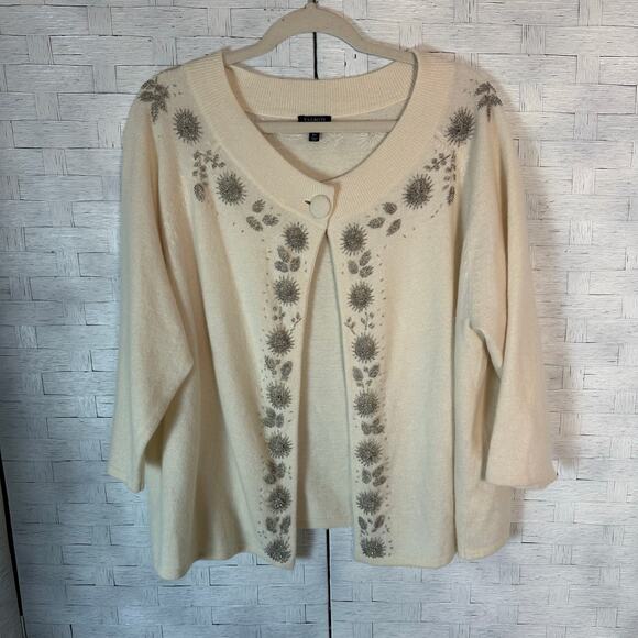 Talbots women’s cardigan 1 button Lambswool cream silver beads plus size - Picture 1 of 10